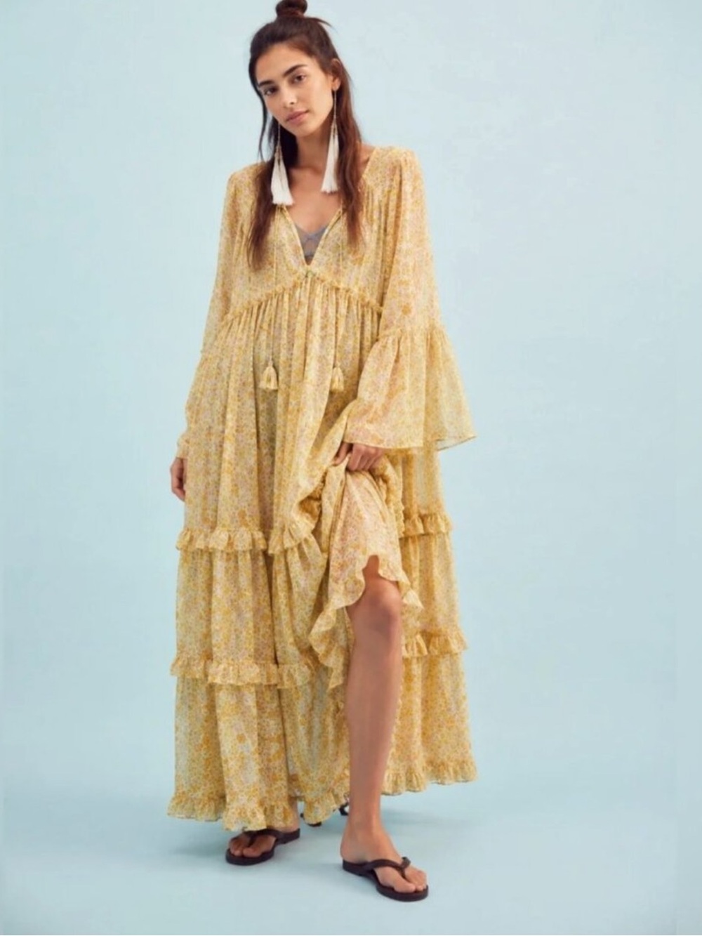 Free People Weeping Willows Floral Chiffon Tiered Ruffles Flowy Maxi Dress XS
